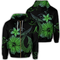 Hawaiian Fish Hook Hibiscus Plumeria Polynesian Zip Hoodie Green Unisex Art - Polynesian Pride