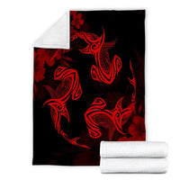 Hawaiian Hammerhead Shark Hibiscus Red Polynesian Premium Blankets - AH - Polynesian Pride