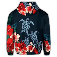 Hawaiian Hibiscus and Turtle Polynesian Zip Hoodie - Polynesian Pride