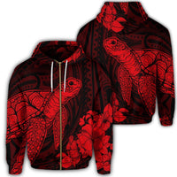 Hawaiian Hibiscus Memory Turtle Polynesian Zip Hoodie Red Unisex Art - Polynesian Pride