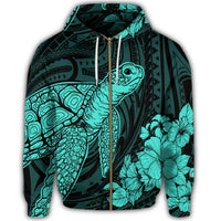 Hawaiian Hibiscus Memory Turtle Polynesian Zip Hoodie Turquoise - Polynesian Pride