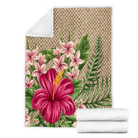 Hawaiian Hibiscus Plumeria Palm Leaves Lauhala Background Polynesian Premium Blankets - AH - Polynesian Pride