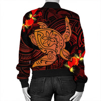 Hawaiian Hibiscus Plumeria Red Big Turtle Polynesian Bomber Jacket - AH - Polynesian Pride