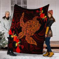 Hawaiian Hibiscus Plumeria Red Big Turtle Polynesian Premium Blankets - AH - Polynesian Pride