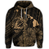 Hawaiian Hibiscus Sea Turtle Swim Polynesian Zip Hoodie Gold - Polynesian Pride