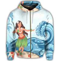 Hawaiian Hula Dance Cartoon Hibiscus Wave Zip Hoodie - Polynesian Pride