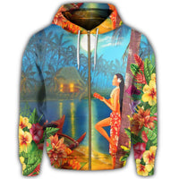 Hawaiian Hula Girl Sing In Aboriginal Village Aat Night Zip Hoodie - Polynesian Pride