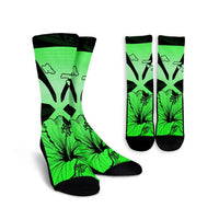 Hawaiian Kanaka Crew Socks Hibiscus Polynesian Love - Green - AH Crew Socks White - Polynesian Pride