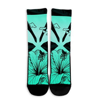 Hawaiian Kanaka Crew Socks Hibiscus Polynesian Love - Turquoise - AH - Polynesian Pride