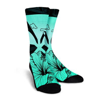 Hawaiian Kanaka Crew Socks Hibiscus Polynesian Love - Turquoise - AH - Polynesian Pride