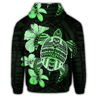 Hawaiian Kanaka Hibiscus Plumeria Mix Polynesian Turtle Zip Hoodie Green - Polynesian Pride