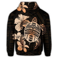 Hawaiian Kanaka Hibiscus Plumeria Mix Polynesian Turtle Zip Hoodie Orange - Polynesian Pride