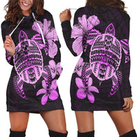 Hawaiian Kanaka Hibiscus Plumeria Mix Polynesian Turtle Hoodie Dress - Pink - AH Black - Polynesian Pride