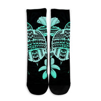 Hawaiian Kanaka Hibiscus Plumeria Mix Polynesian Turtle Crew Socks - Turquoise - AH - Polynesian Pride