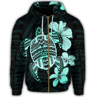 Hawaiian Kanaka Hibiscus Plumeria Mix Polynesian Turtle Zip Hoodie Turquoise - Polynesian Pride