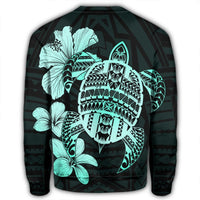 Hawaiian Kanaka Hibiscus Plumeria Mix Polynesian Turtle Sweatshirt - Turquoise - AH - Polynesian Pride