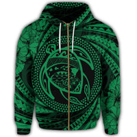 Hawaiian Kanaka Honu Hibiscus Tornando Polynesian Green Zip Hoodie - Polynesian Pride