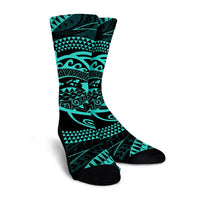 Hawaiian Kanaka Honu Hibiscus Tornando Polynesian Turquoise Crew Socks - AH - Polynesian Pride