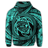 Hawaiian Kanaka Honu Hibiscus Tornando Polynesian Turquoise Zip Hoodie - Polynesian Pride
