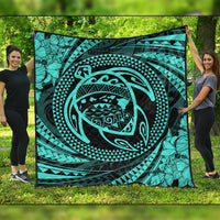 Hawaiian Kanaka Honu Hibiscus Tornando Polynesian Turquoise Premium Quilts - AH Black - Polynesian Pride
