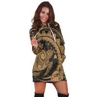 Hawaiian Kanaka Honu Map Hibiscus Globular Polynesian Gold Hoodie Dress - AH - Polynesian Pride