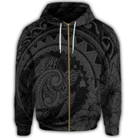 Hawaiian Kanaka Honu Map Hibiscus Globular Polynesian Gray Zip Hoodie - Polynesian Pride