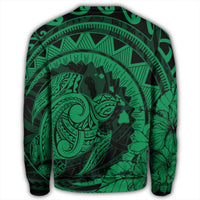 Hawaiian Kanaka Honu Map Hibiscus Globular Polynesian Green Sweatshirt - AH - Polynesian Pride