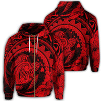 Hawaiian Kanaka Honu Map Hibiscus Globular Polynesian Red Zip Hoodie Unisex Art - Polynesian Pride