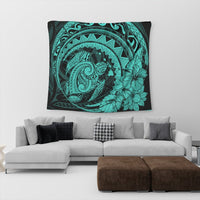 Hawaiian Kanaka Honu Map Hibiscus Globular Polynesian Turquoise Tapestry - AH - Polynesian Pride