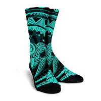Hawaiian Kanaka Honu Map Hibiscus Globular Polynesian Turquoise Crew Socks - AH - Polynesian Pride