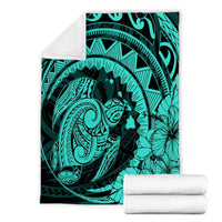 Hawaiian Kanaka Honu Map Hibiscus Globular Polynesian Turquoise Premium Blankets - AH - Polynesian Pride