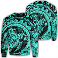 Hawaiian Kanaka Honu Map Hibiscus Globular Polynesian Turquoise Sweatshirt - AH Unisex Black - Polynesian Pride