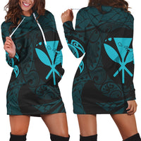 Hawaiian Kanaka Turtle Polynesian Hoodie Dress Blue AH Black - Polynesian Pride