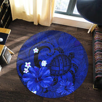 Hawaiian Map Big Turtle Hibiscus Plumeria Tribal Polynesian Round Carpet - Blue - AH - Polynesian Pride