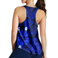 Hawaiian Map Big Turtle Hibiscus Plumeria Tribal Polynesian Racerback Tank - Blue - AH - Polynesian Pride