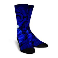 Hawaiian Map Big Turtle Hibiscus Plumeria Tribal Polynesian Crew Socks - Blue - AH - Polynesian Pride