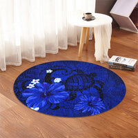 Hawaiian Map Big Turtle Hibiscus Plumeria Tribal Polynesian Round Carpet - Blue - AH - Polynesian Pride
