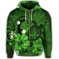 Hawaiian Map Big Turtle Hibiscus Plumeria Tribal Polynesian Zip Hoodie Green - Polynesian Pride