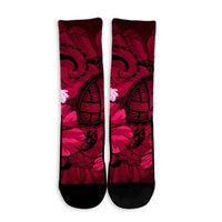 Hawaiian Map Big Turtle Hibiscus Plumeria Tribal Polynesian Crew Socks - Pink - AH - Polynesian Pride