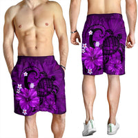 Hawaiian Map Big Turtle Hibiscus Plumeria Tribal Polynesian Men's Shorts - Purple - AH - Polynesian Pride