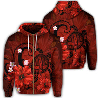 Hawaiian Map Big Turtle Hibiscus Plumeria Tribal Polynesian Zip Hoodie Red Unisex Art - Polynesian Pride