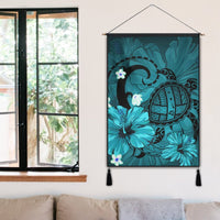Hawaiian Map Big Turtle Hibiscus Plumeria Tribal Polynesian Hanging Poster - Turquoise - AH - Polynesian Pride