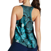 Hawaiian Map Big Turtle Hibiscus Plumeria Tribal Polynesian Racerback Tank - Turquoise - AH - Polynesian Pride