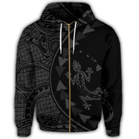 Hawaiian Map Gecko Tattoo Kakau Polynesian Zip Hoodie Gray - Polynesian Pride