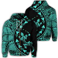 Hawaiian Map Gecko Tattoo Kakau Polynesian Zip Hoodie Turquoise Unisex Art - Polynesian Pride