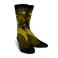 Hawaiian Map Heart Hula Girl Hibiscus Yellow Polynesian Crew Socks - AH - Polynesian Pride