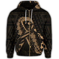 Hawaiian Map Heart Ribbon Cancer Hibiscus Gold Polynesian Zip Hoodie - Polynesian Pride