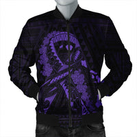 Hawaiian Map Heart Ribbon Cancer Hibiscus Purple Polynesian Bomber Jacket - AH Black Unisex - Polynesian Pride