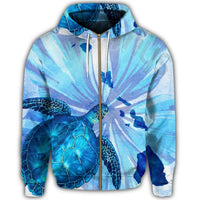 Hawaiian Map Hibiscus Flower Turtle Polynesian Zip Hoodie Blue - Polynesian Pride