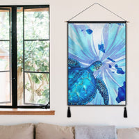 Hawaiian Map Hibiscus Flower Turtle Polynesian Hanging Poster Blue - AH - Polynesian Pride